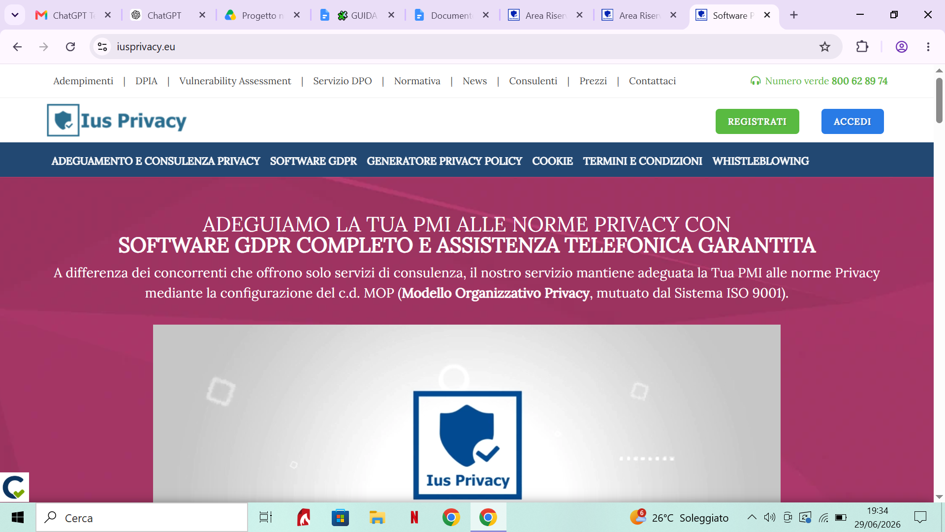 Pagina di accesso a IusPrivacy